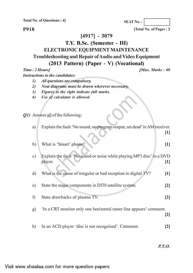 Electronic Equipment Troubleshooting and Repairs 2015-2016 Semester 5 (FYBSc) - University of Pune question paper with PDF download
