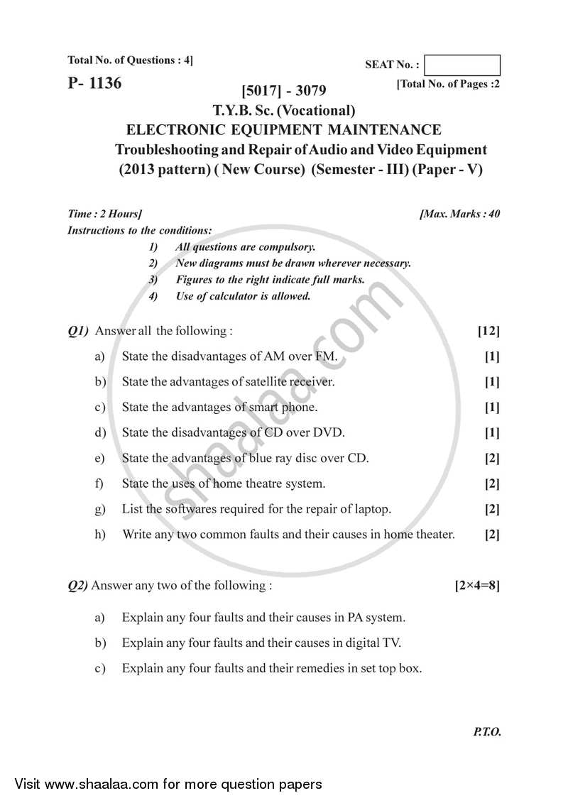 Electronic Equipment Troubleshooting and Repairs 2016-2017 Semester 5 (FYBSc) - University of Pune question paper with PDF download