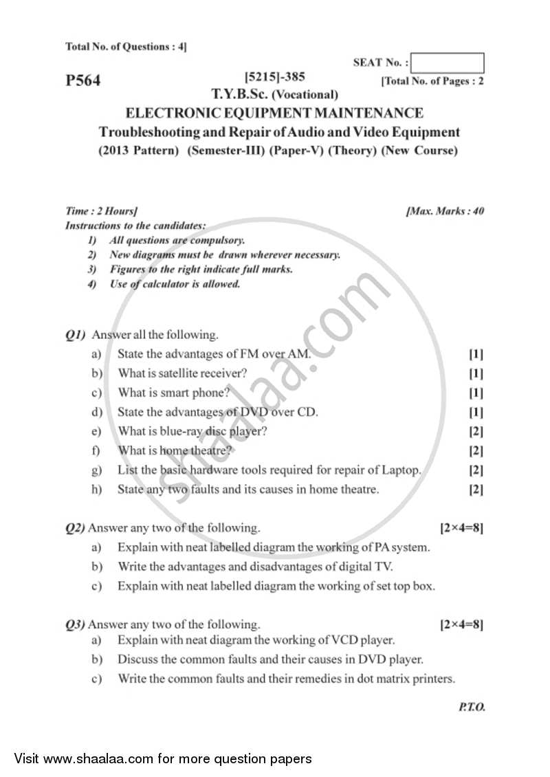 Electronic Equipment Troubleshooting and Repairs 2017-2018 Semester 5 (FYBSc) - University of Pune question paper with PDF download