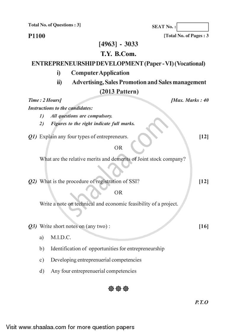 Entrepreneurship Development 6 2015-2016 T.Y.B.Com Vocational - University of Pune question paper with PDF download