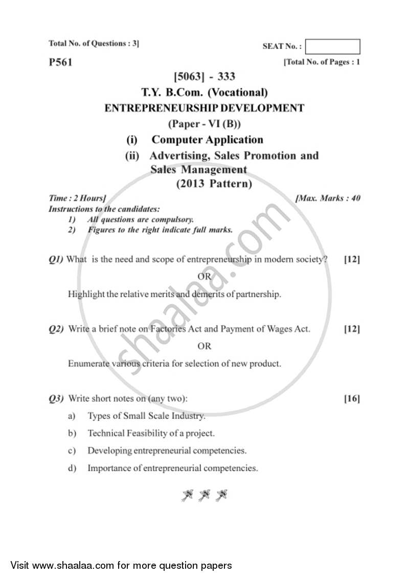 Entrepreneurship Development 6 2016-2017 T.Y.B.Com Vocational - University of Pune question paper with PDF download