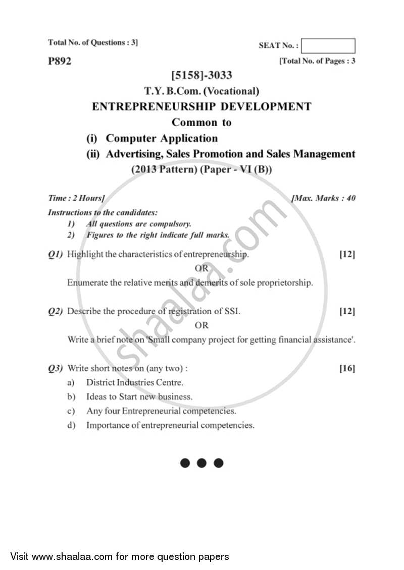 Entrepreneurship Development 6 2016-2017 T.Y.B.Com Vocational - University of Pune question paper with PDF download