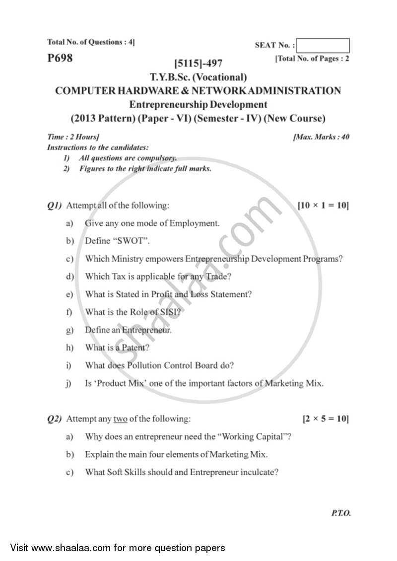 Entrepreneurship Development 2016-2017 Semester 6 (FYBSc) - University of Pune question paper with PDF download