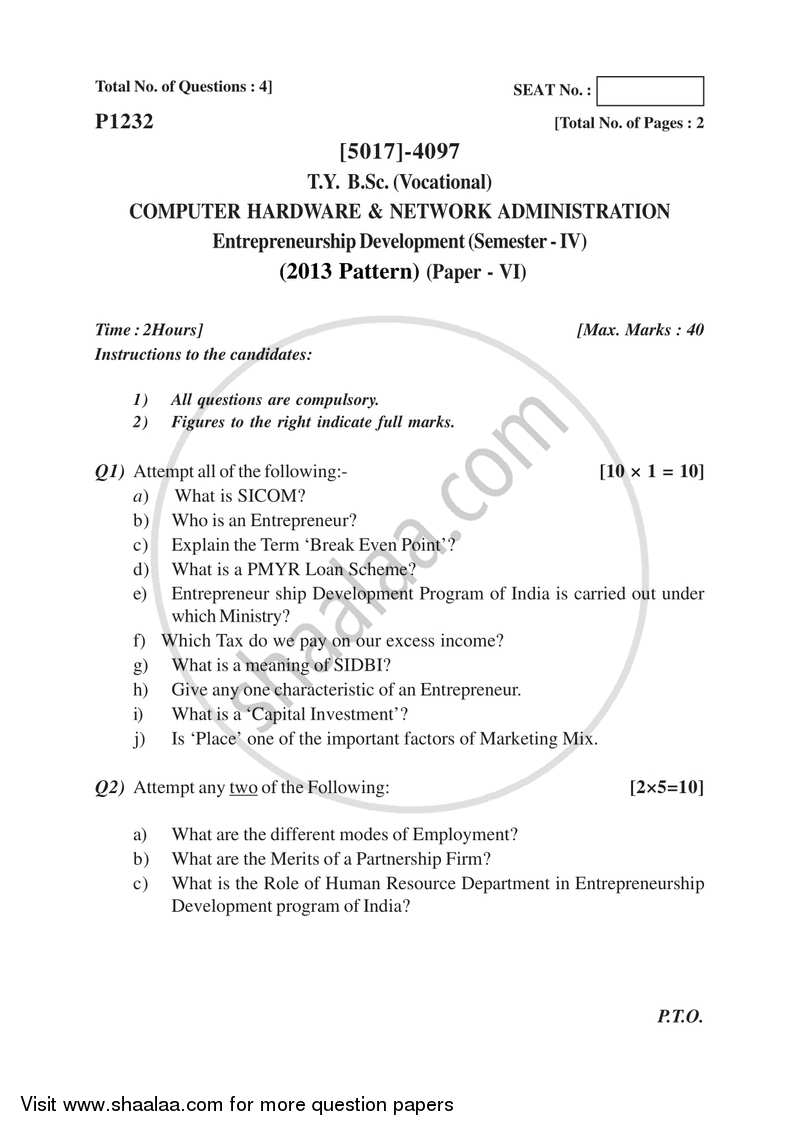 Entrepreneurship Development 2016-2017 Semester 6 (FYBSc) - University of Pune question paper with PDF download