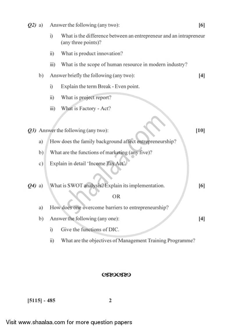 Entrepreneurship Development 2016-2017 Semester 6 (FYBSc) - University of Pune question paper with PDF download