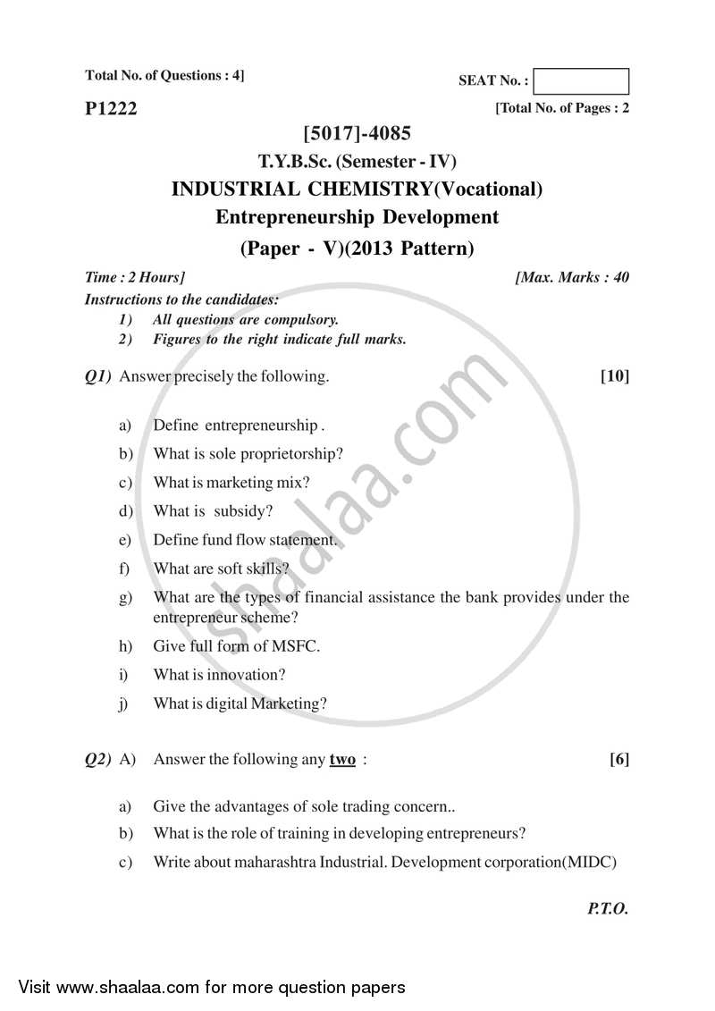Entrepreneurship Development 2016-2017 Semester 6 (FYBSc) - University of Pune question paper with PDF download