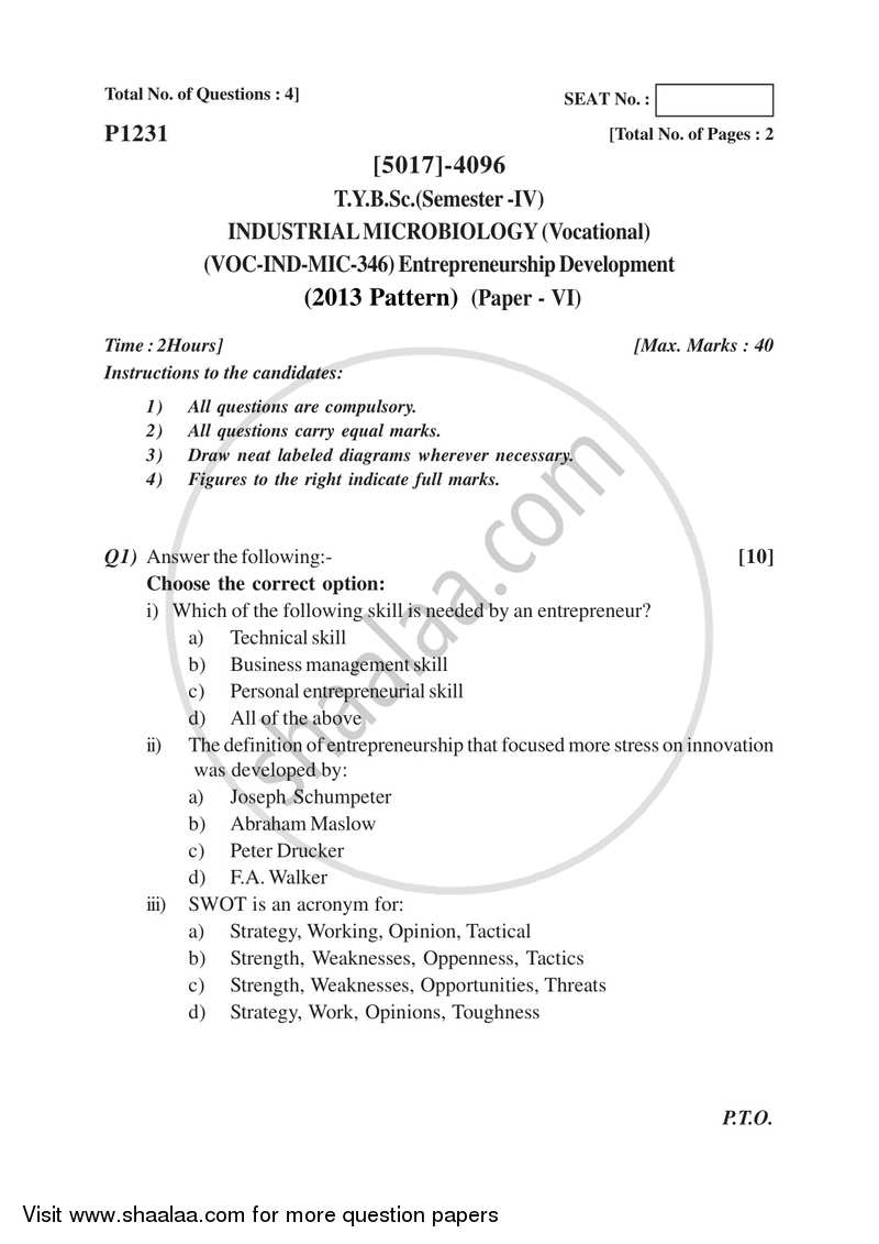 Entrepreneurship Development 2016-2017 Semester 6 (FYBSc) - University of Pune question paper with PDF download