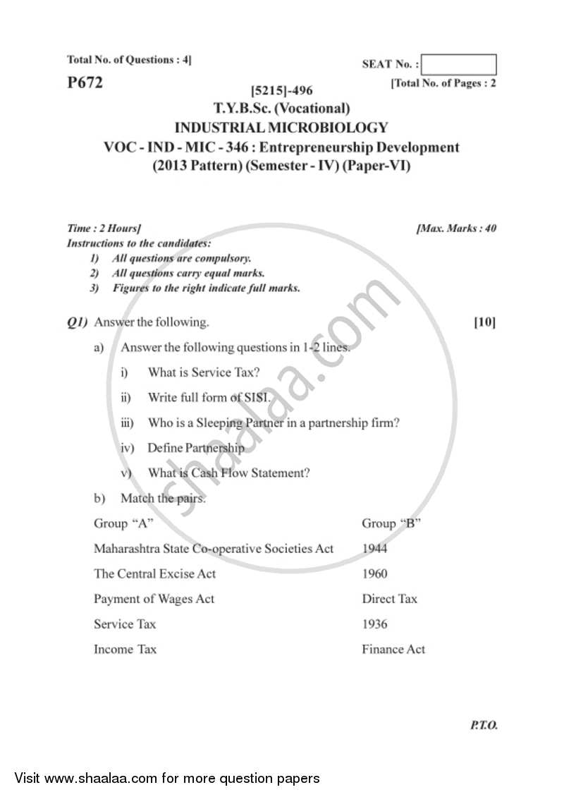 Entrepreneurship Development 2017-2018 Semester 6 (FYBSc) - University of Pune question paper with PDF download