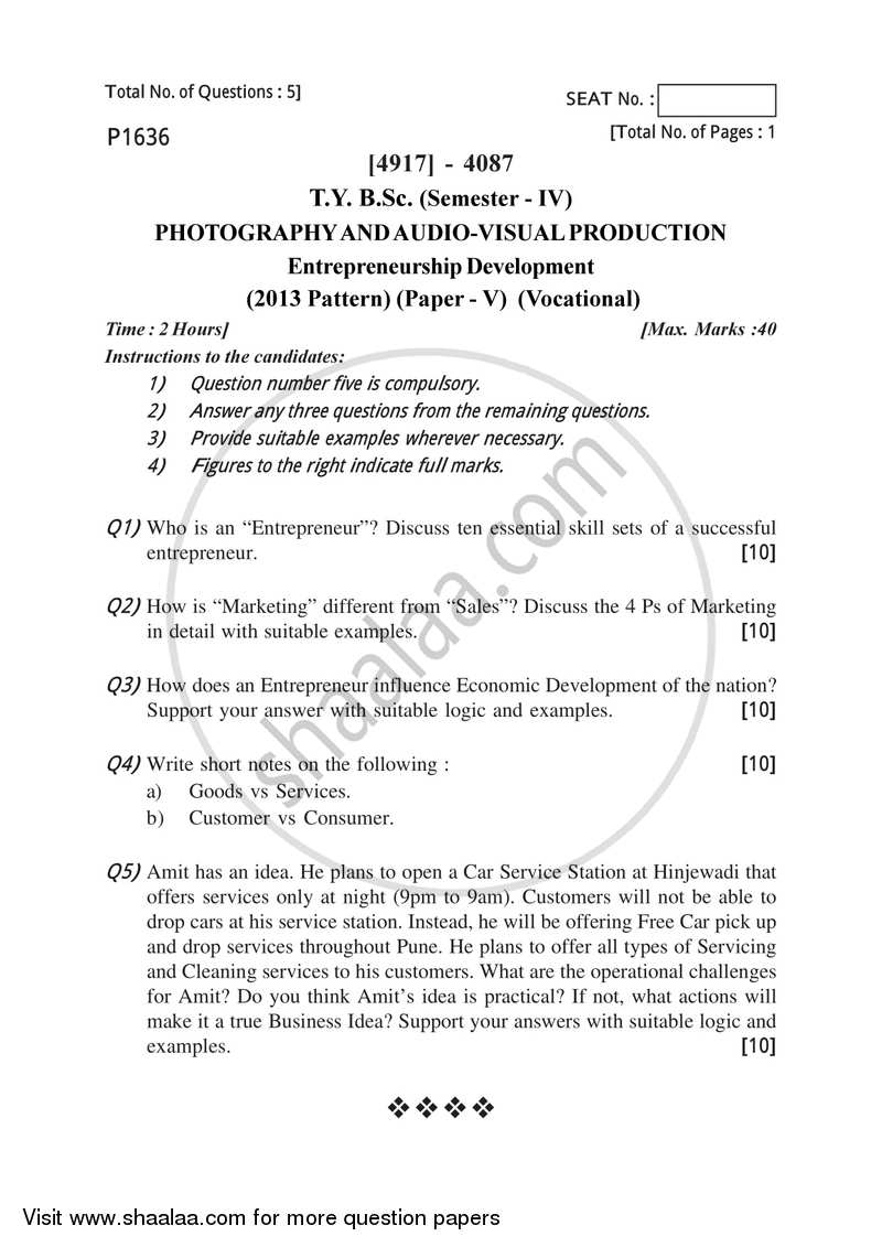 Entrepreneurship Development 2015-2016 Semester 6 (FYBSc) - University of Pune question paper with PDF download