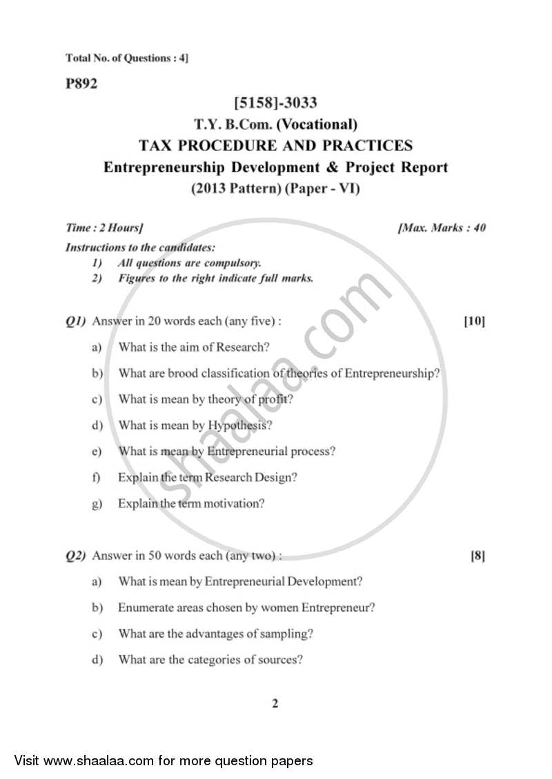 Entrepreneurship Development and Project Work 2016-2017 T.Y.B.Com Vocational - University of Pune question paper with PDF download