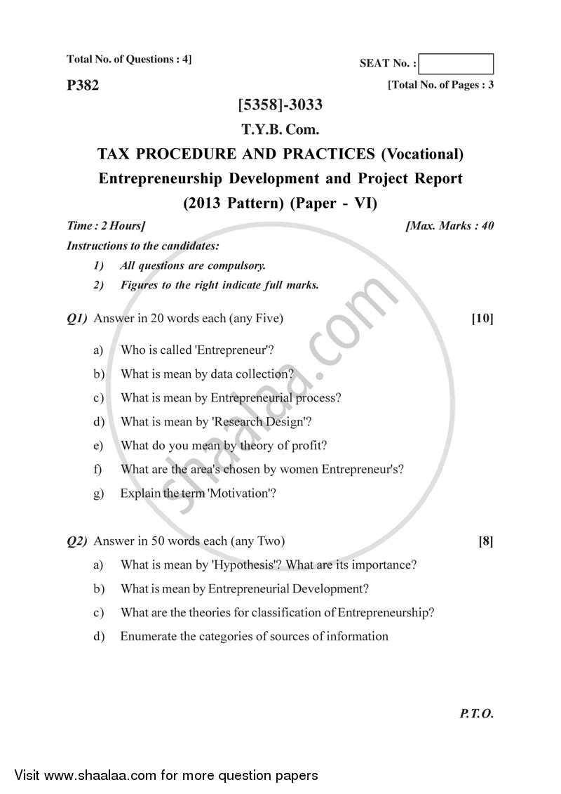 Entrepreneurship Development and Project Work 2017-2018 T.Y.B.Com Vocational - University of Pune question paper with PDF download
