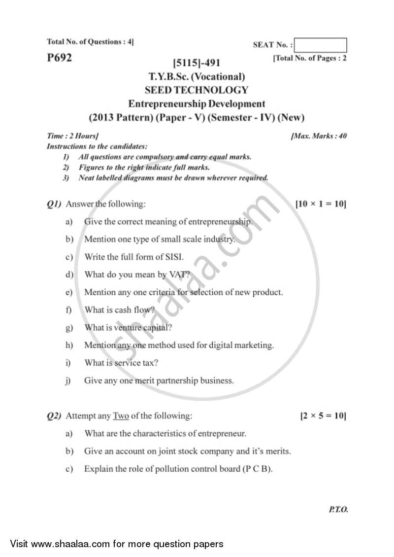 Entrepreneurship Development 2016-2017 Semester 6 (FYBSc) - University of Pune question paper with PDF download