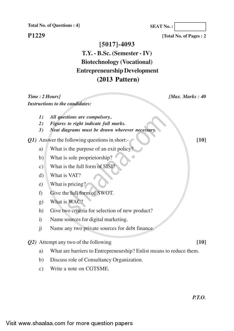 Entrpreneurship Development 2016-2017 Semester 6 (FYBSc) - University of Pune question paper with PDF download