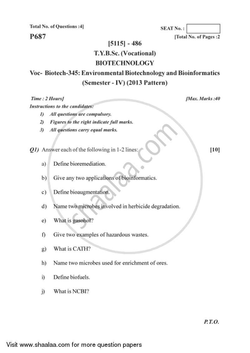 Environmental Biotechnology and Bioinformatics 2016-2017 Semester 6 (FYBSc) - University of Pune question paper with PDF download