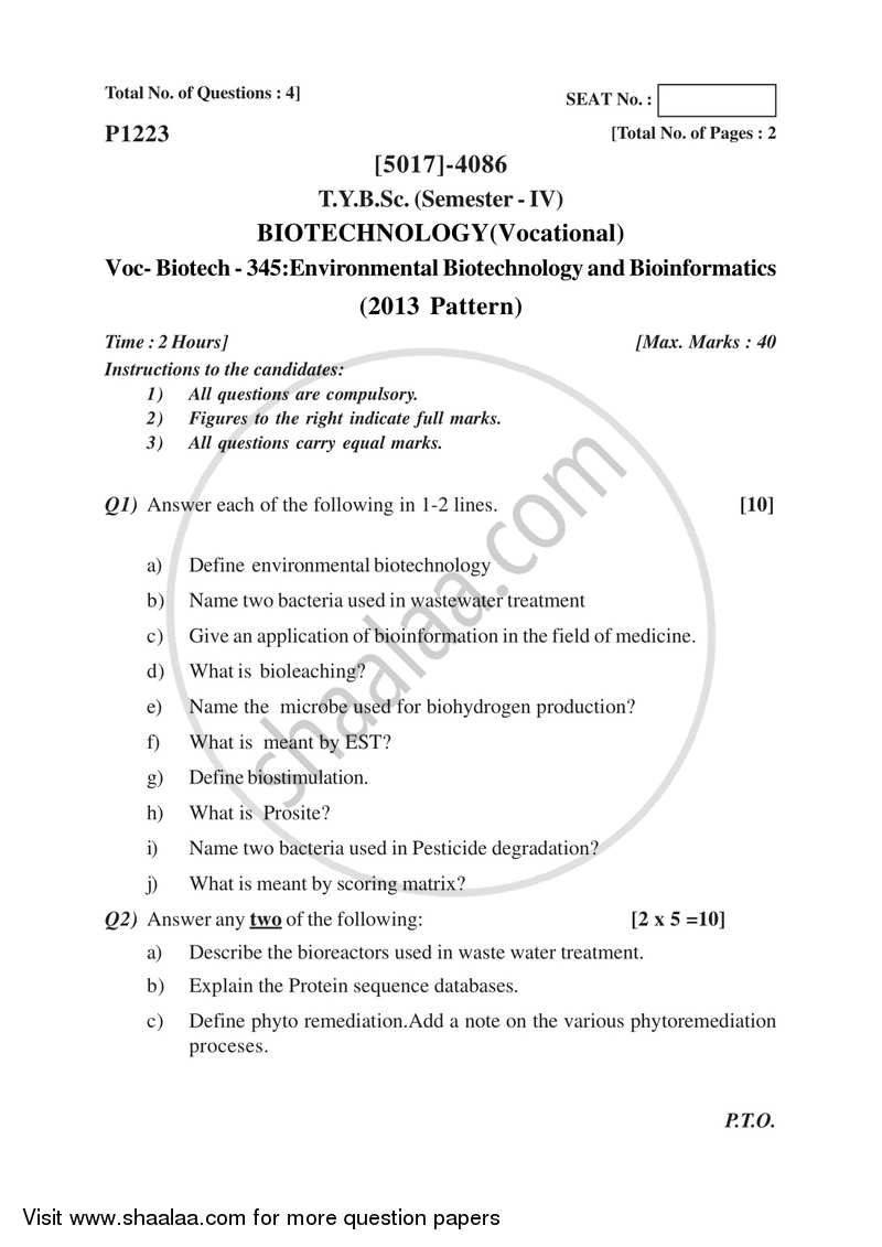 Environmental Biotechnology and Bioinformatics 2016-2017 Semester 6 (FYBSc) - University of Pune question paper with PDF download