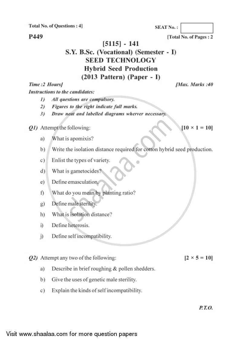 Hybrid Seed Production 2016-2017 Semester 3 (FYBSc) - University of Pune question paper with PDF download