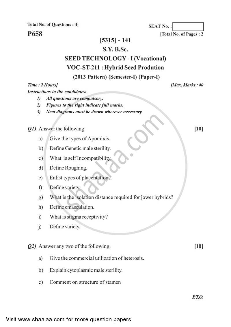 Hybrid Seed Production 2017-2018 Semester 3 (FYBSc) - University of Pune question paper with PDF download