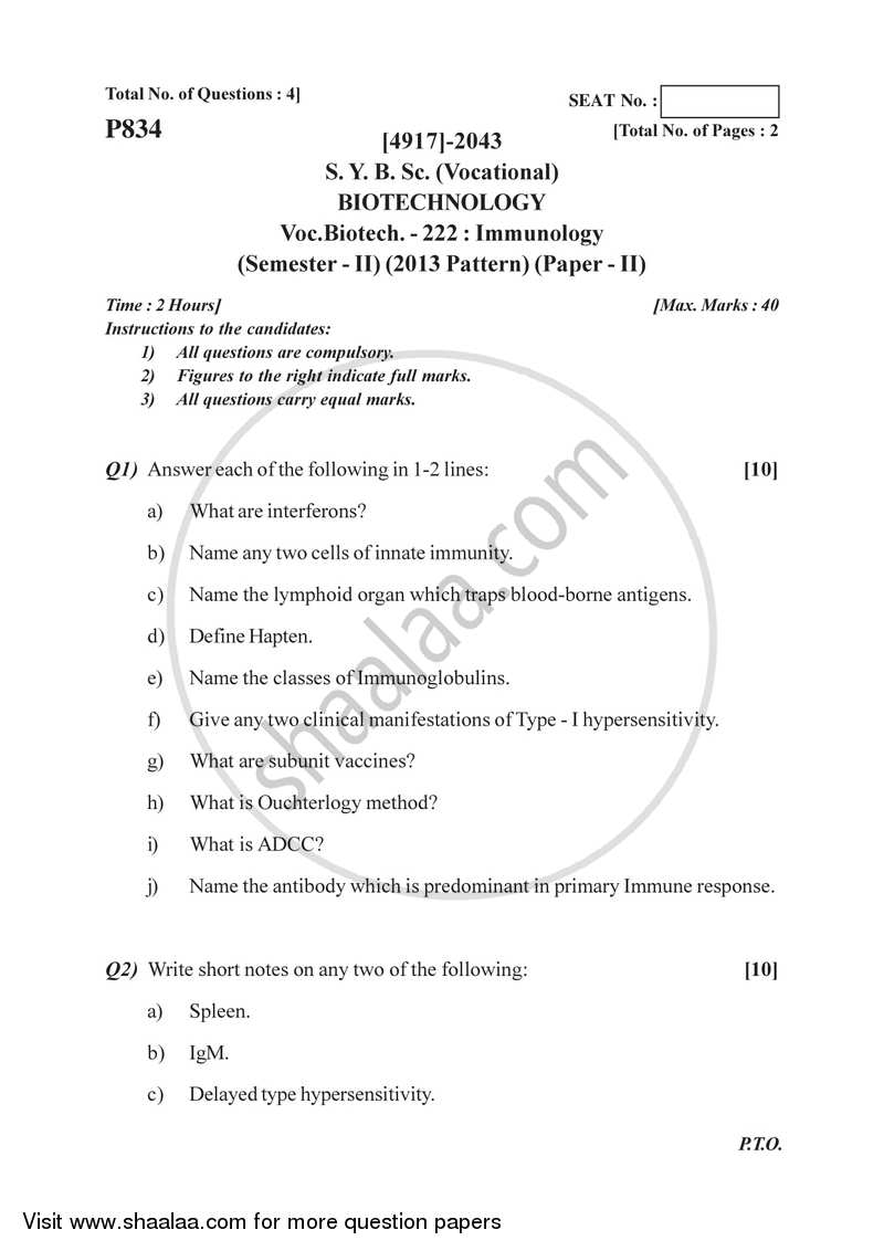 Immunology 2015-2016 Semester 4 (FYBSc) - University of Pune question paper with PDF download