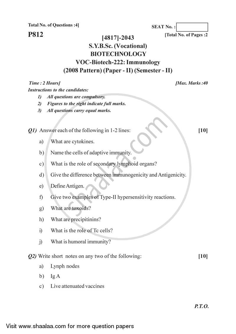 Immunology 2015-2016 Semester 4 (FYBSc) - University of Pune question paper with PDF download