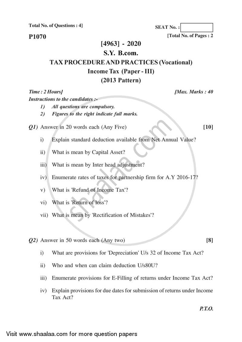 Income Tax 2015-2016 S.Y.B.Com Vocational - University of Pune question paper with PDF download