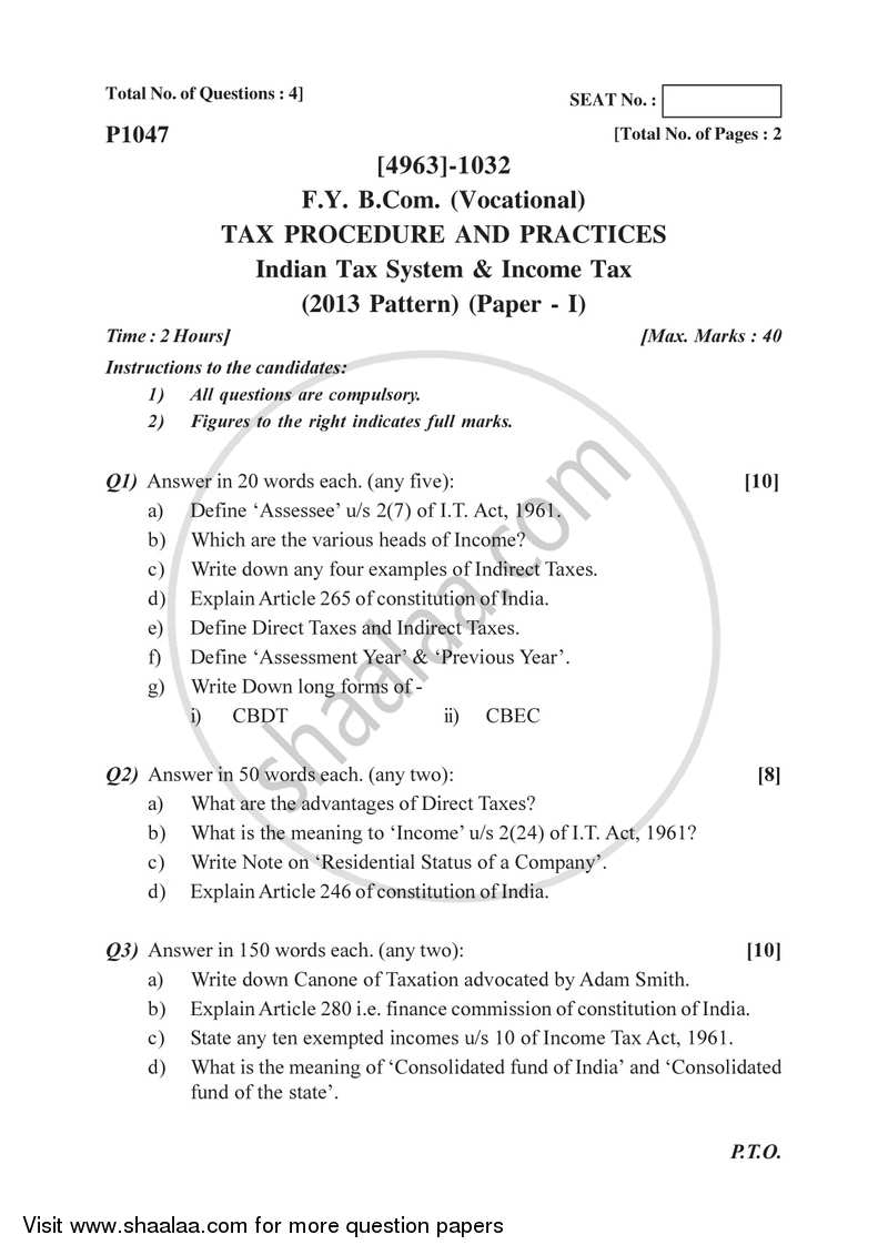Indian Tax System 2015-2016 F.Y.B.Com Vocational - University of Pune question paper with PDF download
