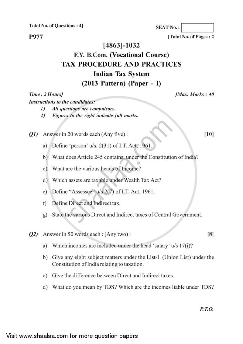 Indian Tax System 2015-2016 F.Y.B.Com Vocational - University of Pune question paper with PDF download