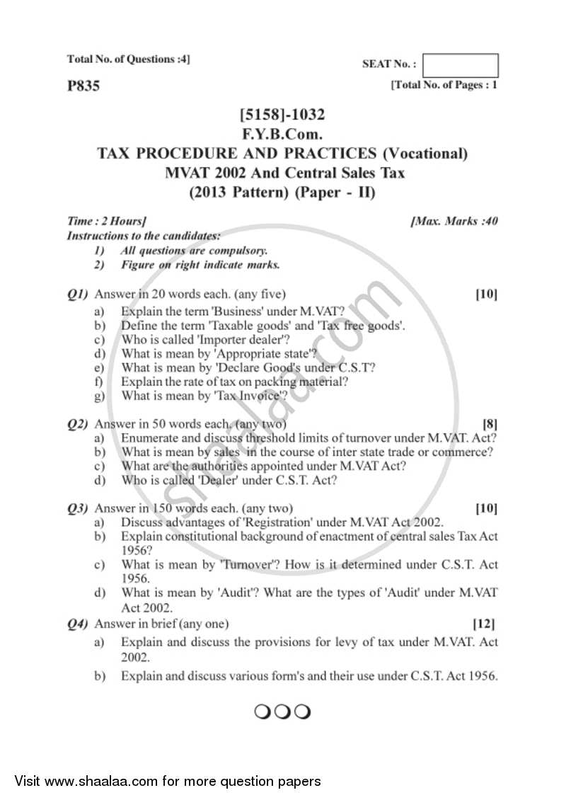 Indian Tax System 2016-2017 F.Y.B.Com Vocational - University of Pune question paper with PDF download