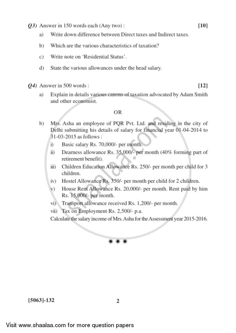 Indian Tax System 2016-2017 F.Y.B.Com Vocational - University of Pune question paper with PDF download