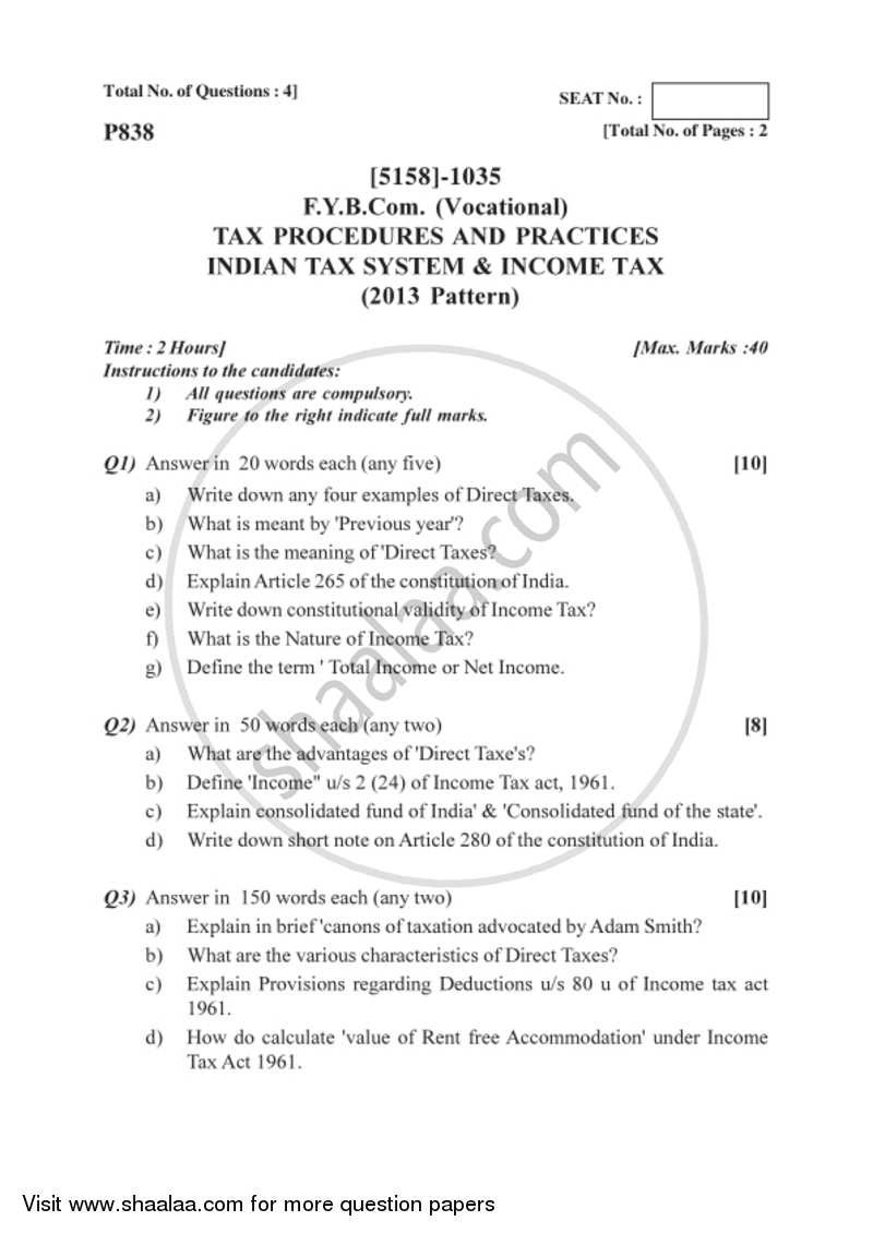 Indian Tax System 2016-2017 F.Y.B.Com Vocational - University of Pune question paper with PDF download