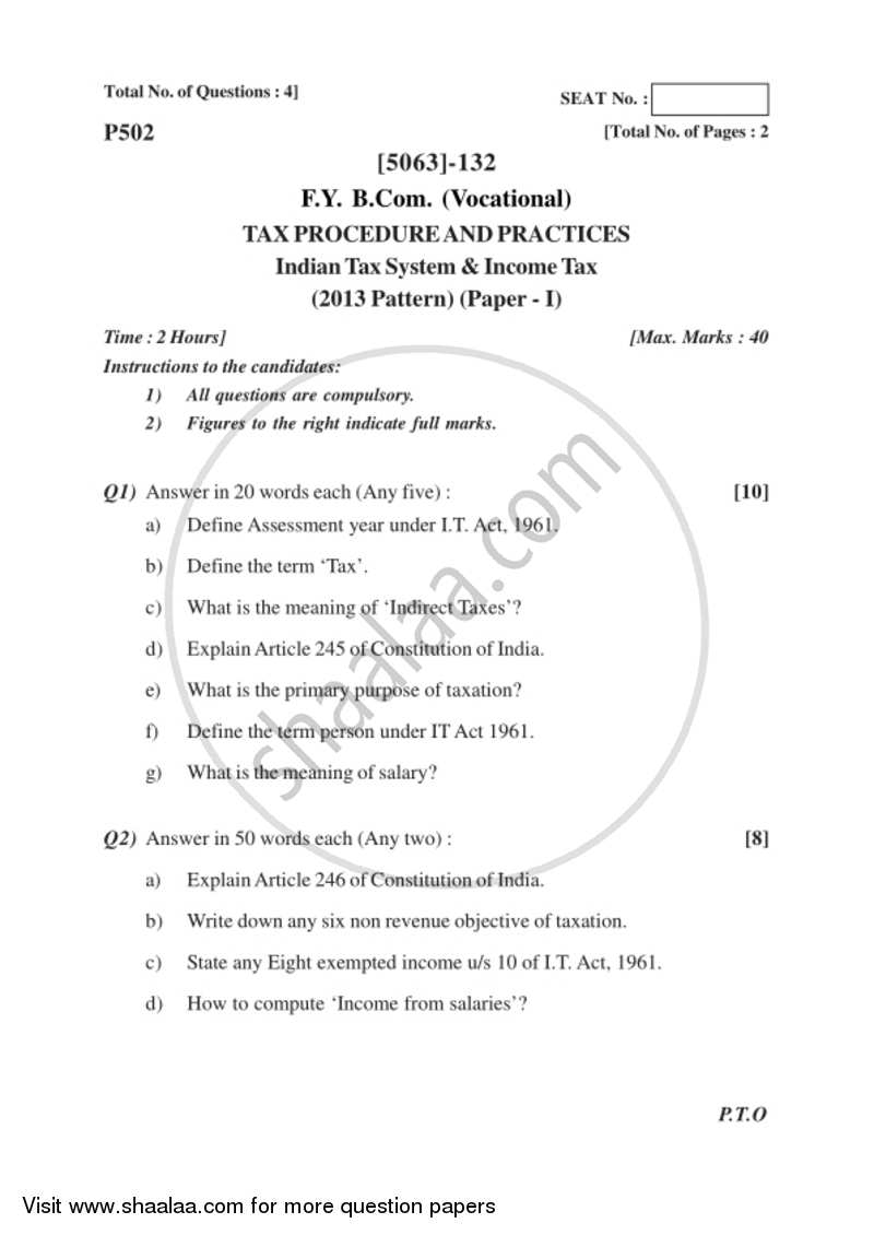 Indian Tax System 2016-2017 F.Y.B.Com Vocational - University of Pune question paper with PDF download