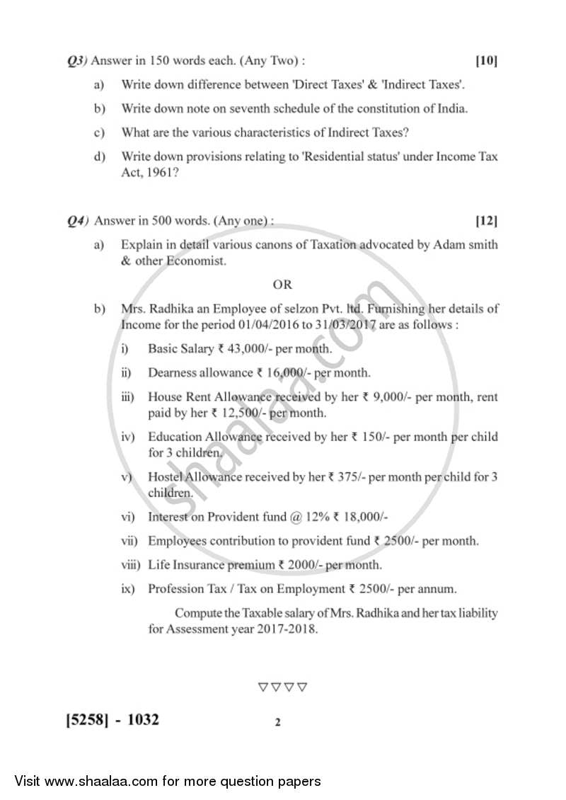 Indian Tax System 2017-2018 F.Y.B.Com Vocational - University of Pune question paper with PDF download