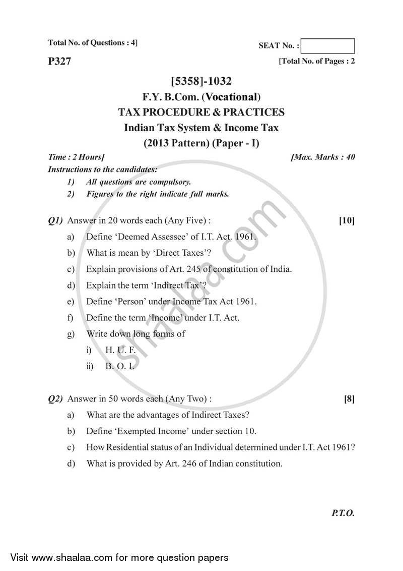 Indian Tax System 2017-2018 F.Y.B.Com Vocational - University of Pune question paper with PDF download