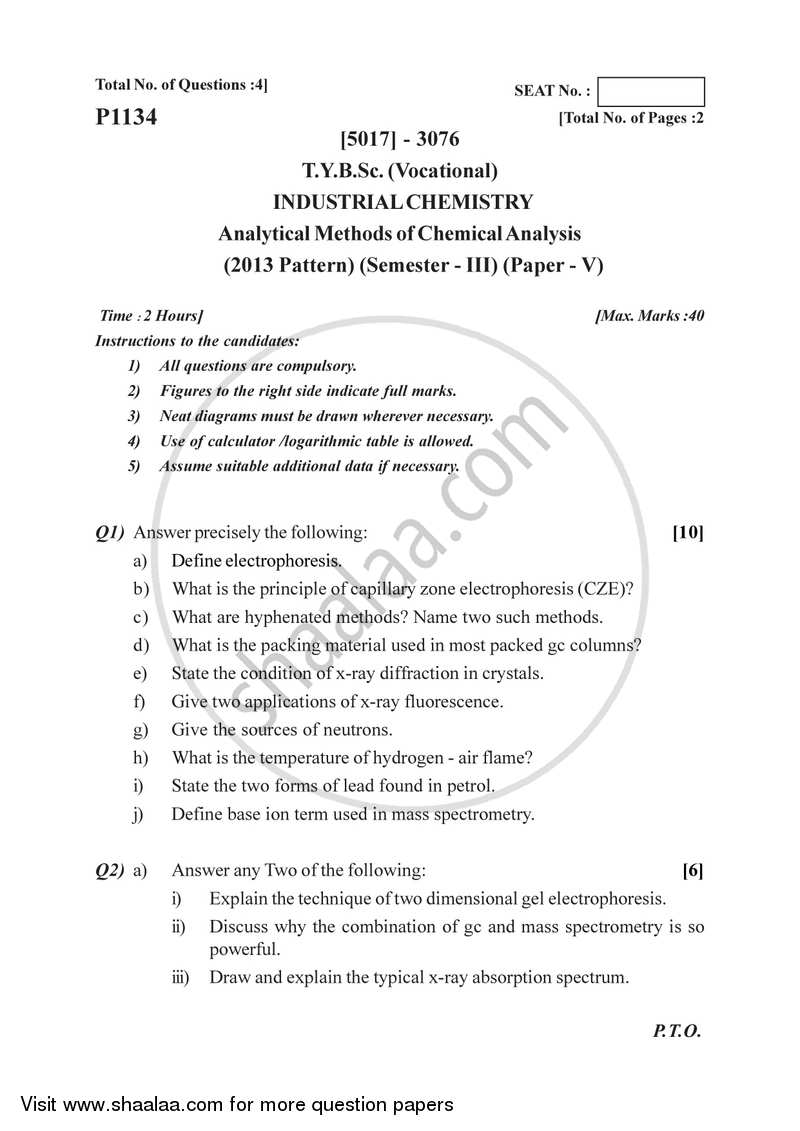 Industrial Methods of Chemical Analysis 2016-2017 Semester 5 (FYBSc) - University of Pune question paper with PDF download
