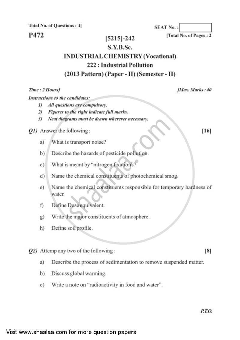 Industrial Pollution 2017-2018 Semester 4 (FYBSc) - University of Pune question paper with PDF download