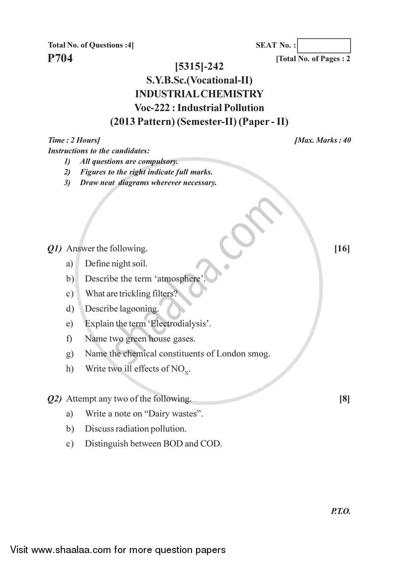 Industrial Pollution 2017-2018 Semester 4 (FYBSc) - University of Pune question paper with PDF download