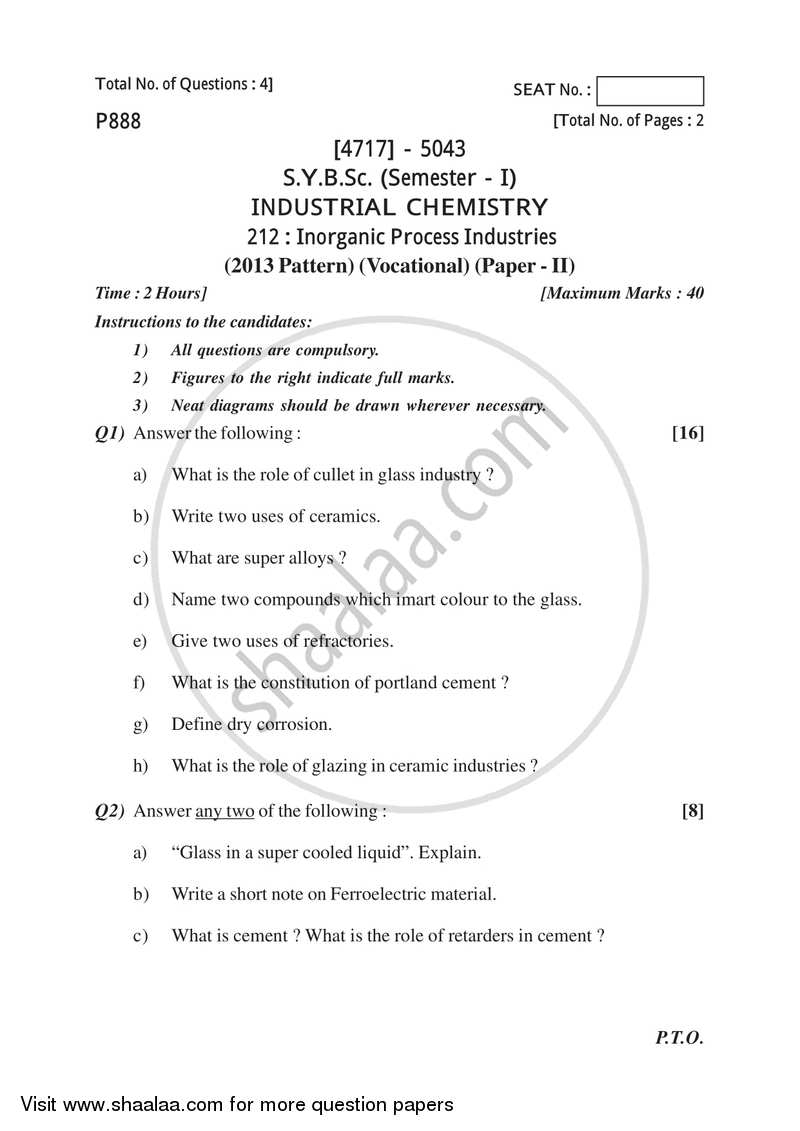 Inorganic process industries 2014-2015 Semester 3 (FYBSc) - University of Pune question paper with PDF download