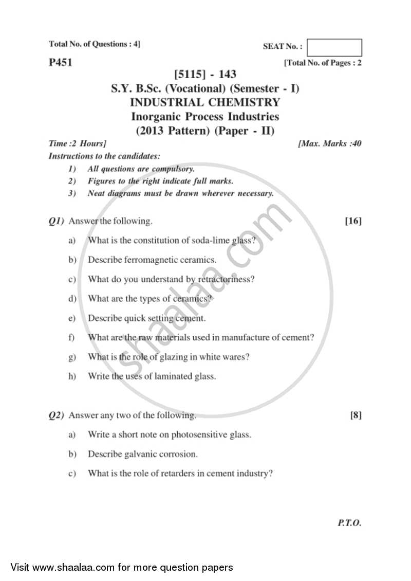 Inorganic process industries 2016-2017 Semester 3 (FYBSc) - University of Pune question paper with PDF download