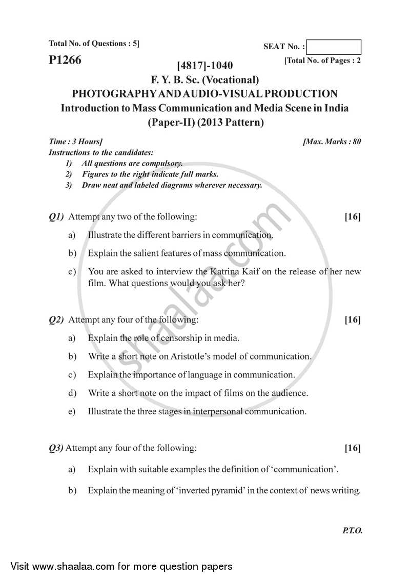 Introduction to Mass Communication and Media Scene in India 2015-2016 Semester 2 (FYBSc) - University of Pune question paper with PDF download