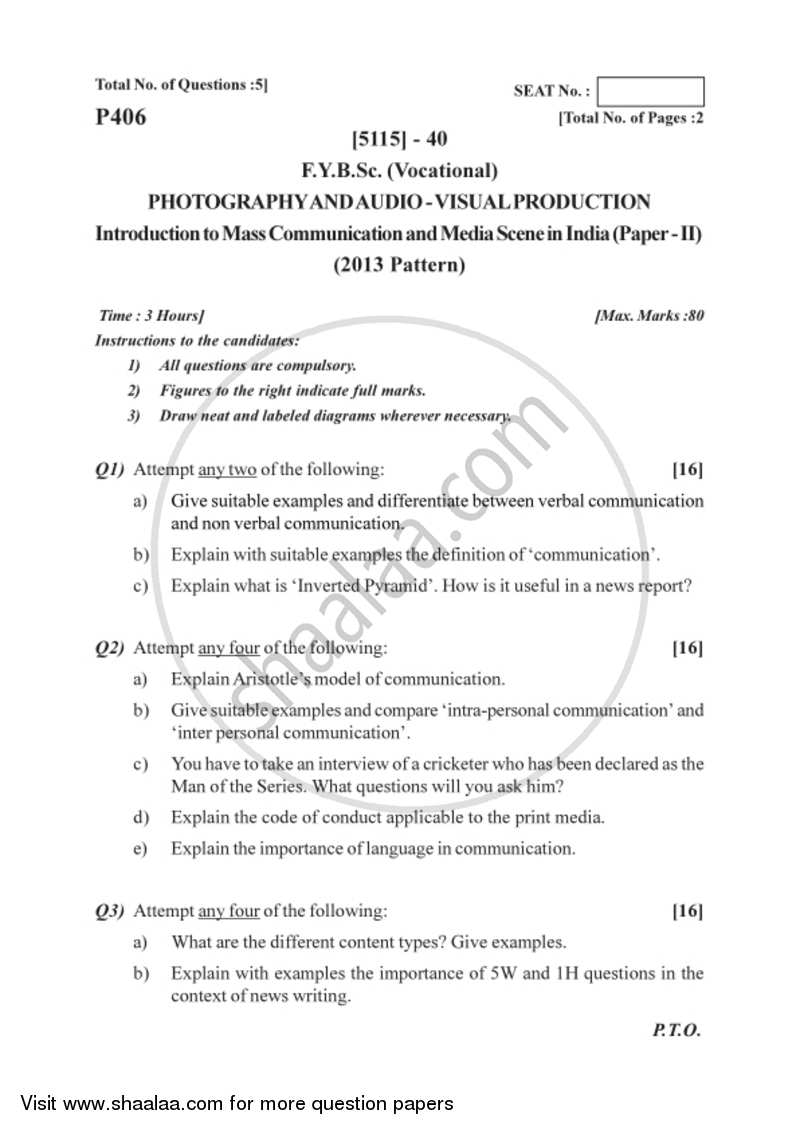 Introduction to Mass Communication and Media Scene in India 2016-2017 Semester 2 (FYBSc) - University of Pune question paper with PDF download