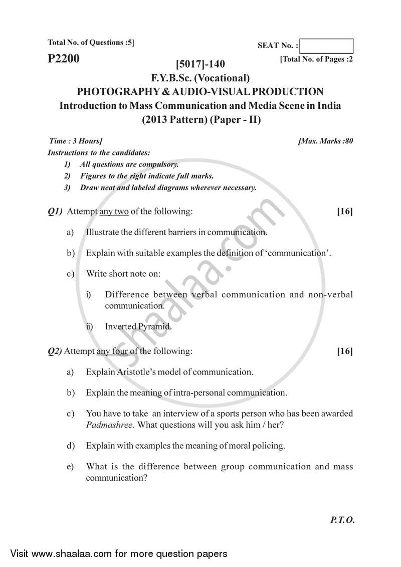 Introduction to Mass Communication and Media Scene in India 2016-2017 Semester 2 (FYBSc) - University of Pune question paper with PDF download