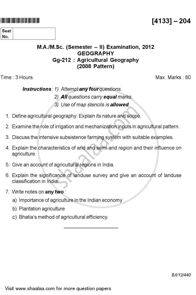 Agricultural Geography 2011-2012 - M.A. - Semester 2 - University of Pune question paper with PDF download
