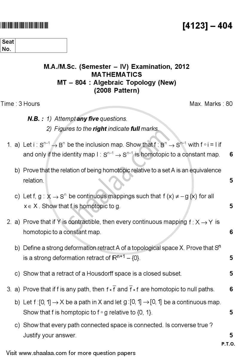 Algebric Topology 2012-2013 - M.A. - Semester 4 - University of Pune question paper with PDF download