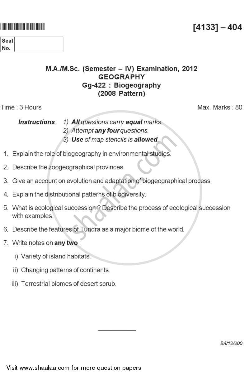 Biogeography 2011-2012 - M.A. - Semester 4 - University of Pune question paper with PDF download