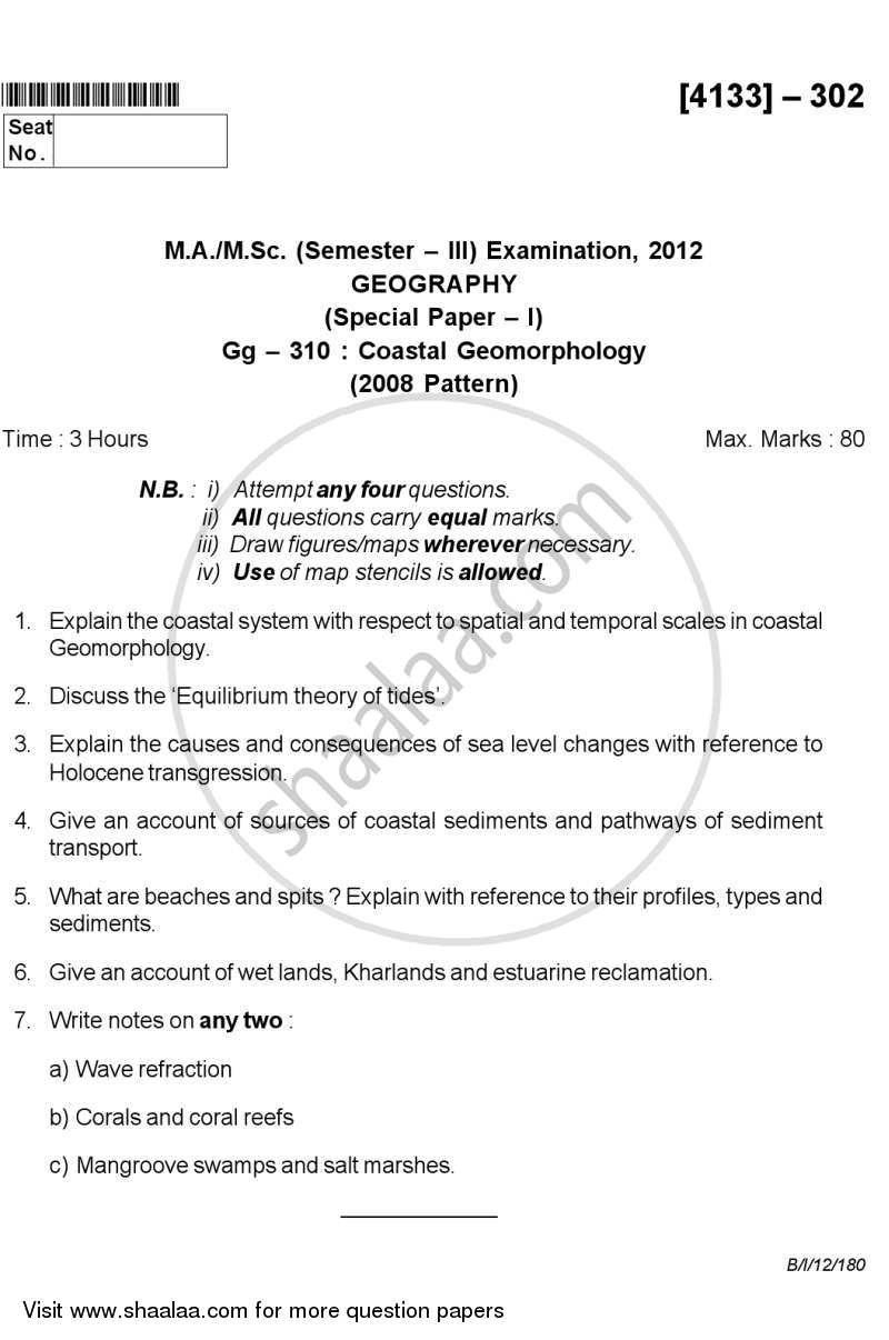 Coastal Geomorphology 2011-2012 - M.A. - Semester 3 - University of Pune question paper with PDF download