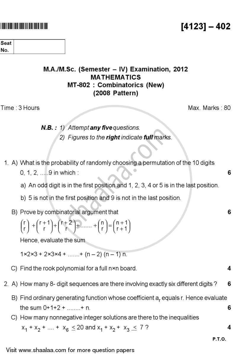 Combinatorics 2011-2012 - M.A. - Semester 4 - University of Pune question paper with PDF download