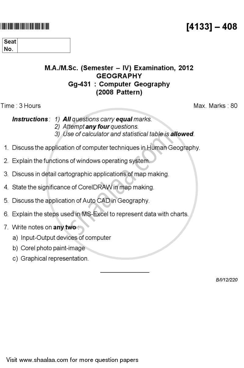 Computer Geography 2012-2013 - M.A. - Semester 4 - University of Pune question paper with PDF download