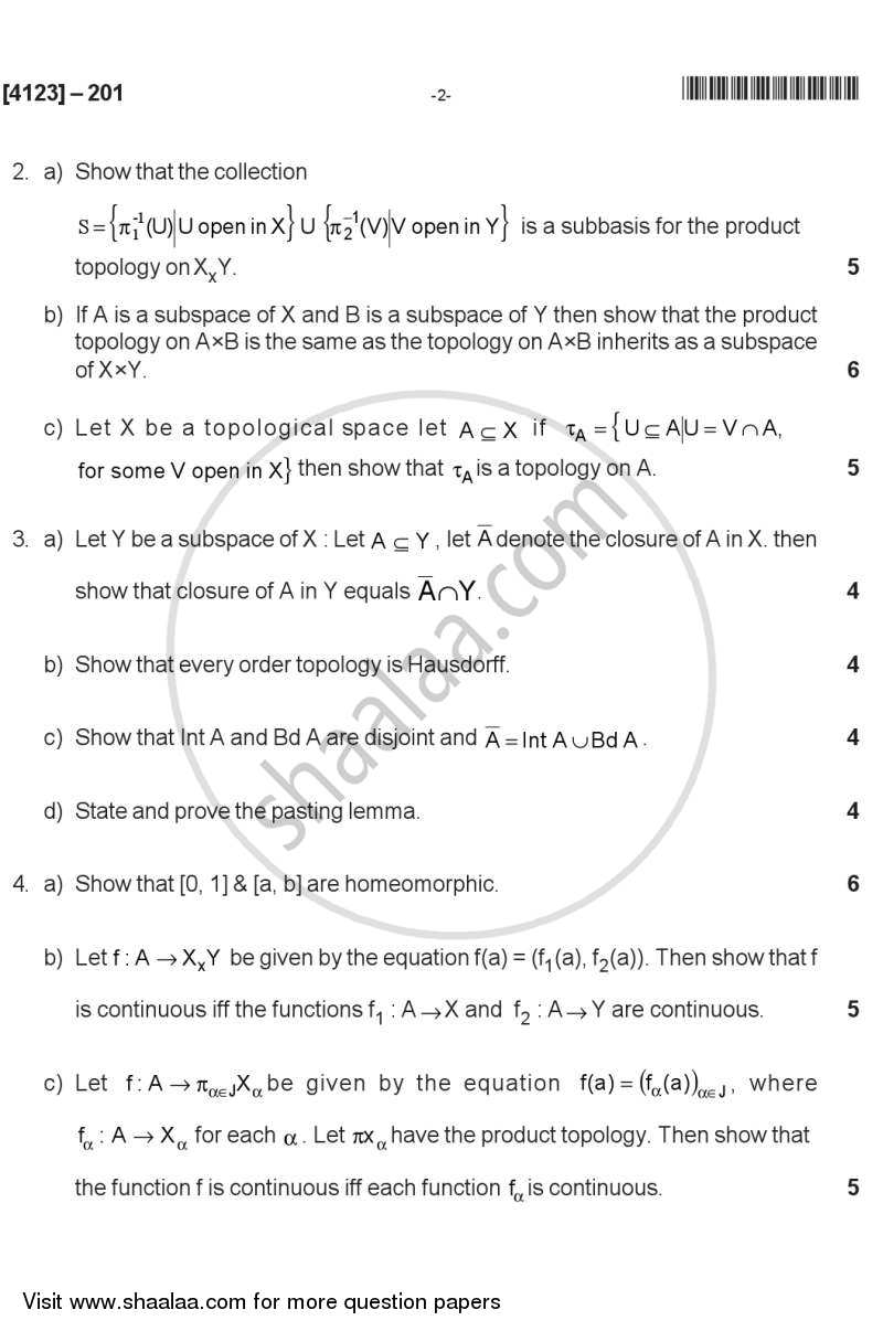 General Topology 2011-2012 - M.A. - Semester 2 - University of Pune question paper with PDF download