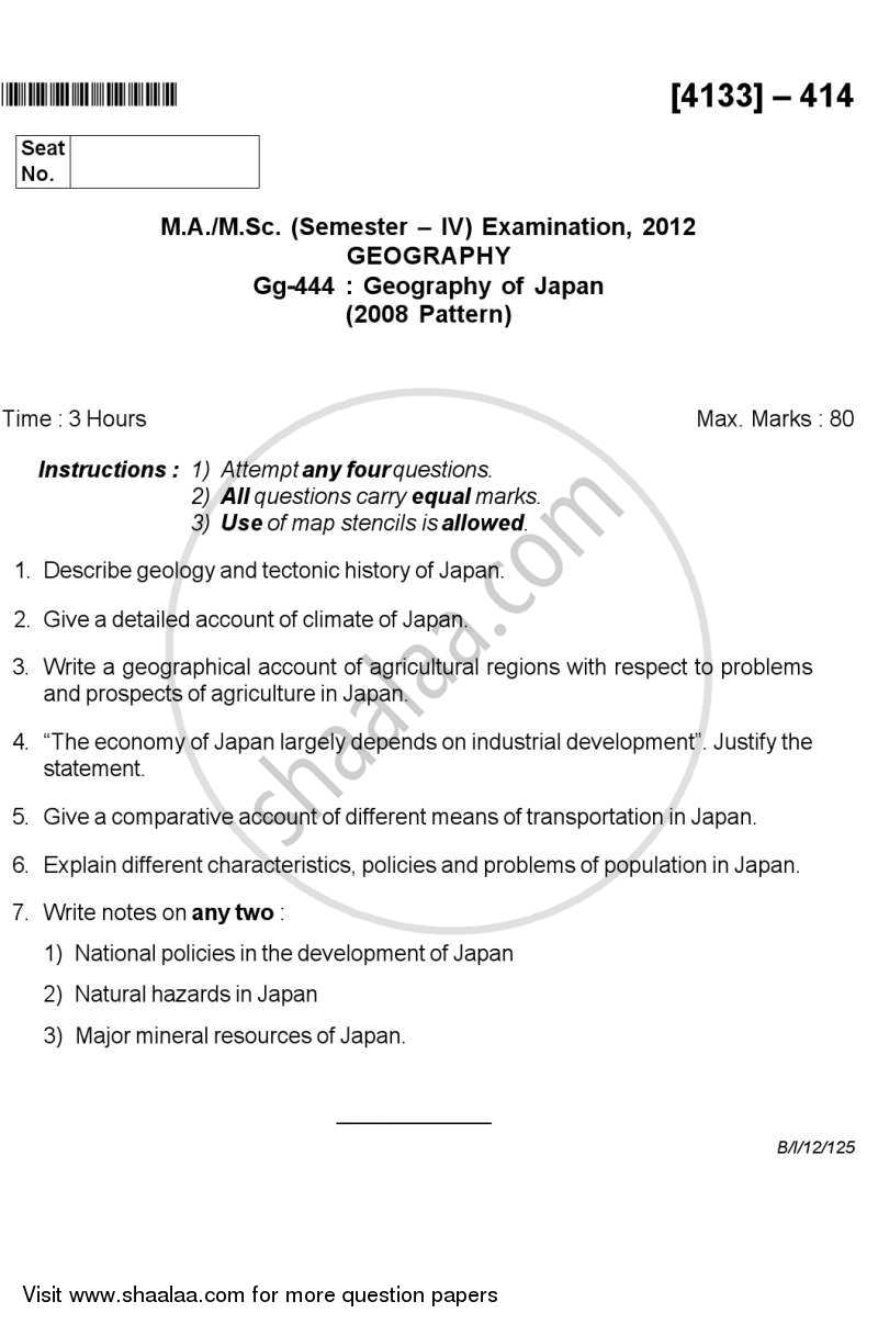 Geography of Japan 2011-2012 - M.A. - Semester 4 - University of Pune question paper with PDF download