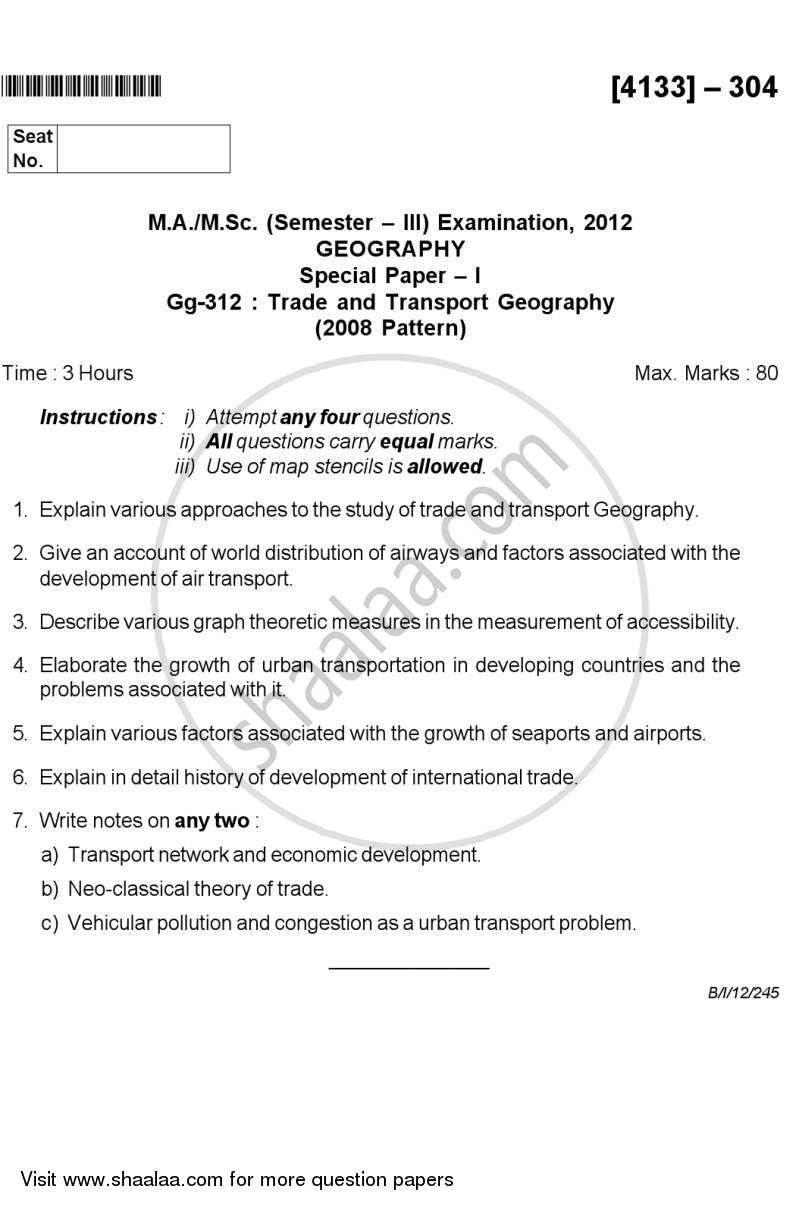 Geography of Trade and Transport 2011-2012 - M.A. - Semester 3 - University of Pune question paper with PDF download