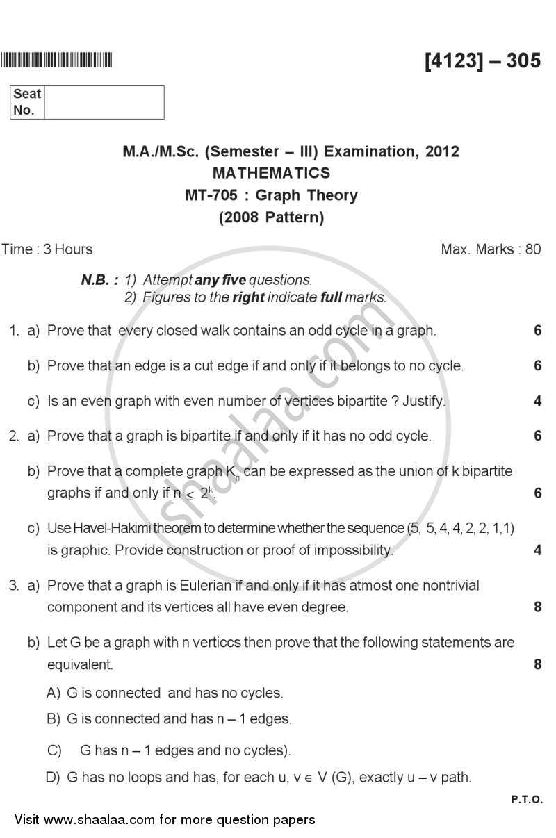 Graph Theory 2011-2012 - M.A. - Semester 3 - University of Pune question paper with PDF download